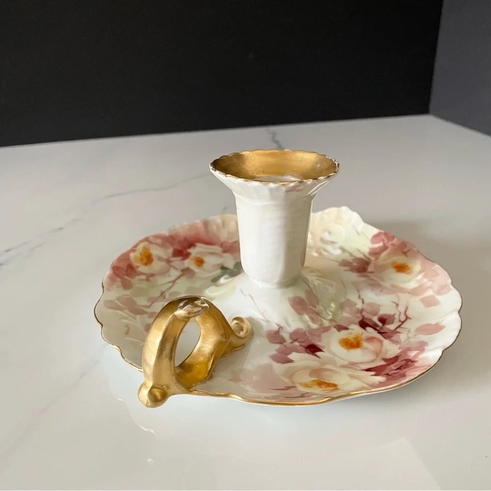 Floral & Gold Candle Holder with Handle - J.P. Limoges